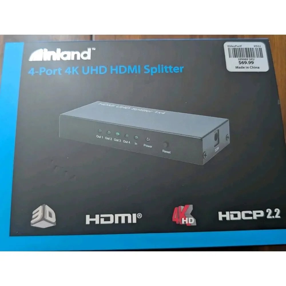 Inland 4 Port 4K UHD HDMI Splitter 1x4 HDCP 2.2 Powered Multi Display Box